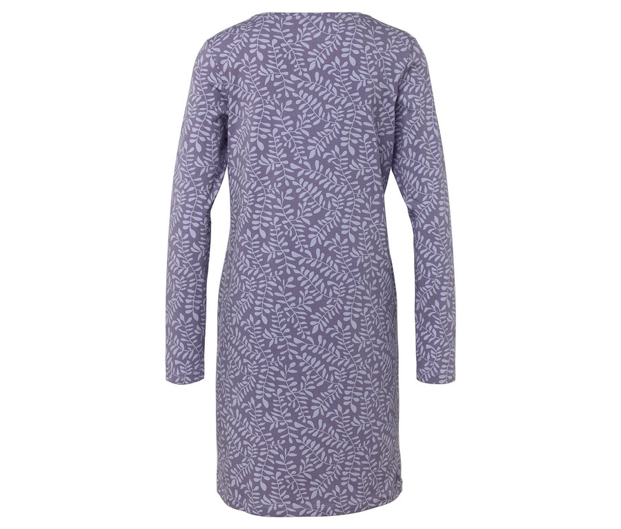 Vue arrière d'une robe lilas à manches longues avec un imprimé de feuilles.