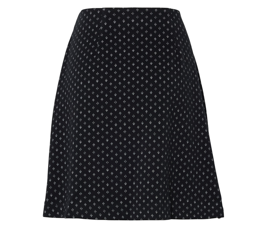 Jupe noire avec motif géométrique blanc.