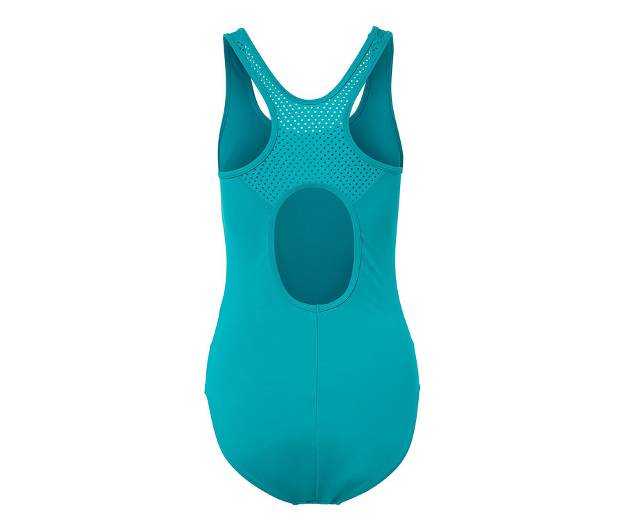 Maillot de bain de sport turquoise avec dos découpé et mesh.