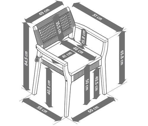 Illustration d'une chaise de salle à manger empilable avec coussin de siège et dimensions.