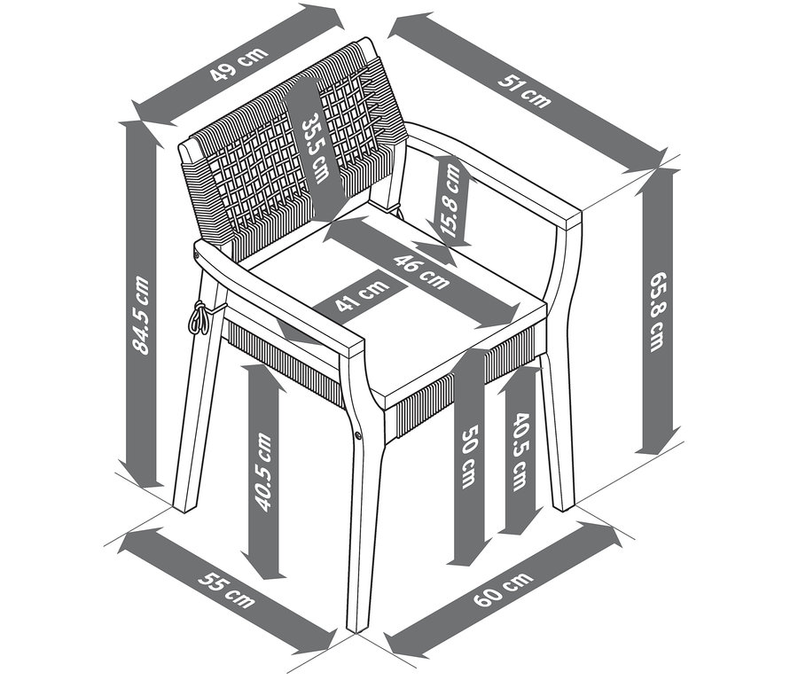 Illustration d'une chaise de salle à manger empilable avec coussin de siège et dimensions.
