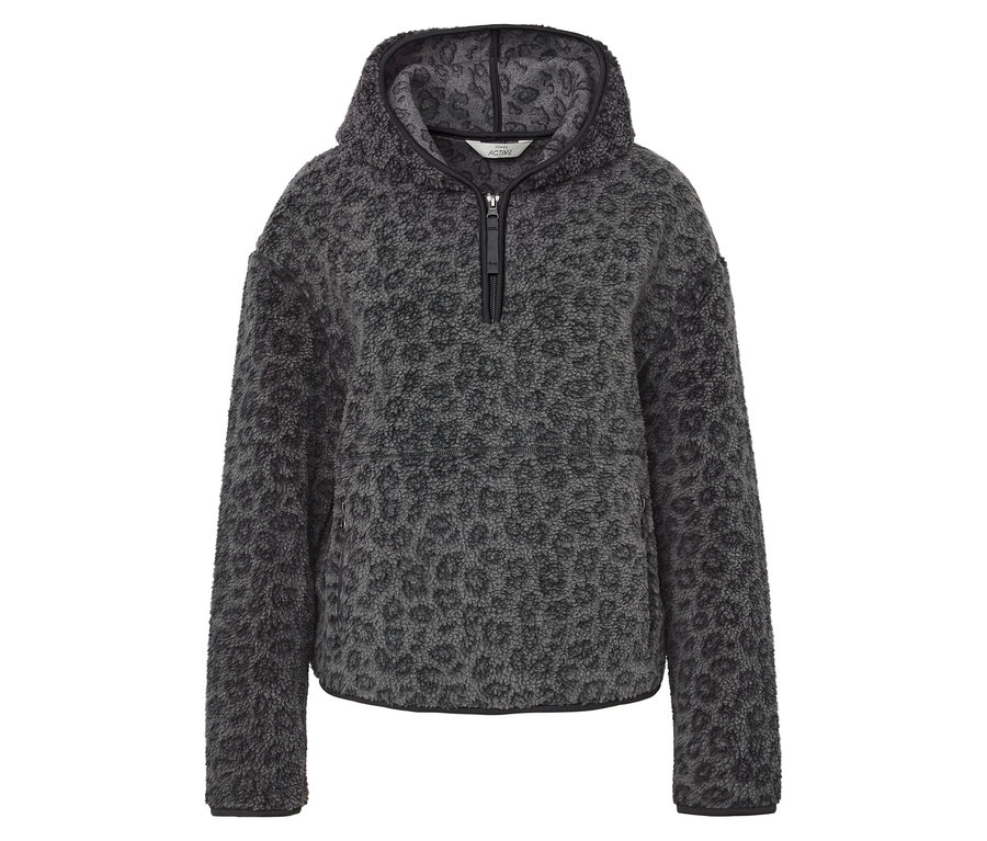 Sweat à capuche gris duveteux avec imprimé animalier et demi-fermeture éclair.