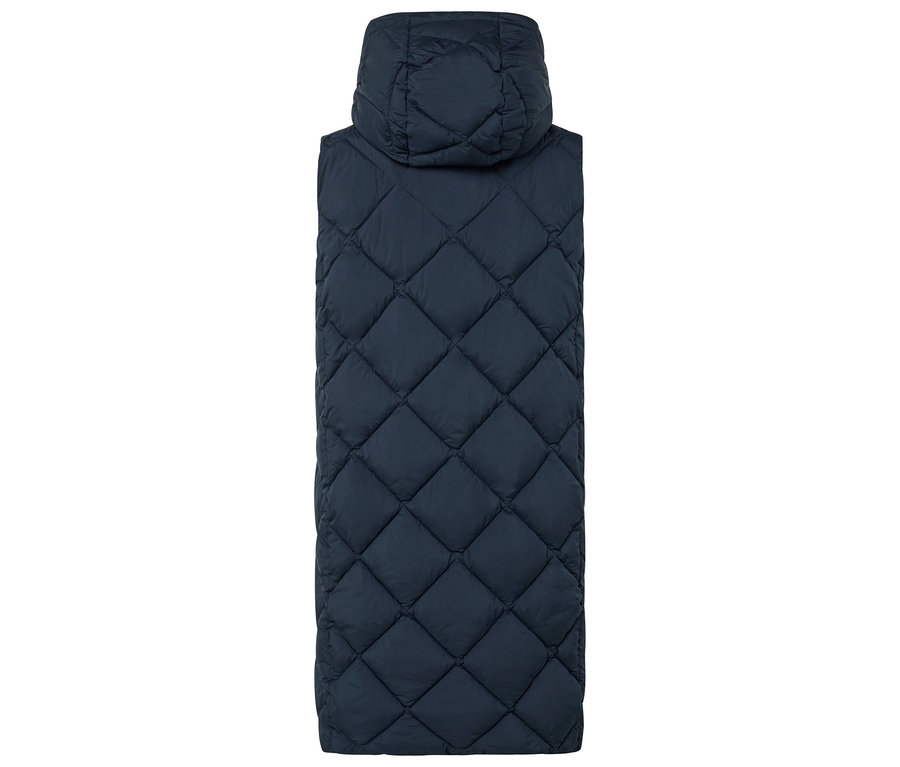 Long gilet matelassé bleu marine avec capuche.