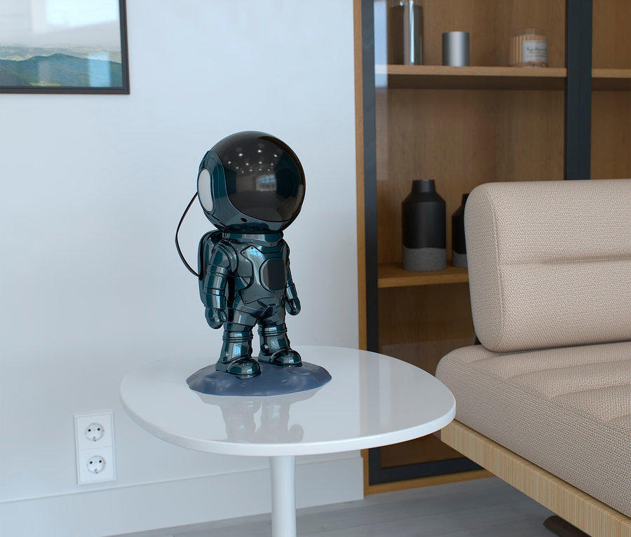 Une lampe astronaute se dresse sur une table blanche dans un salon.