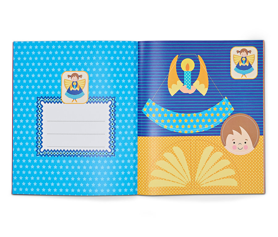 Livre ouvert »Das Verbastelbuch für die Allerkleinsten – Weihnachten« avec des illustrations d'anges et de décorations de Noël.