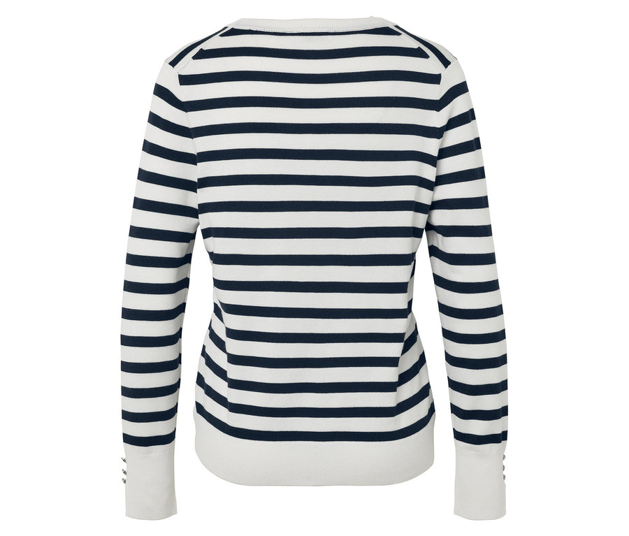 Vue arrière d'un pull rayé à manches longues bleu marine et blanc.