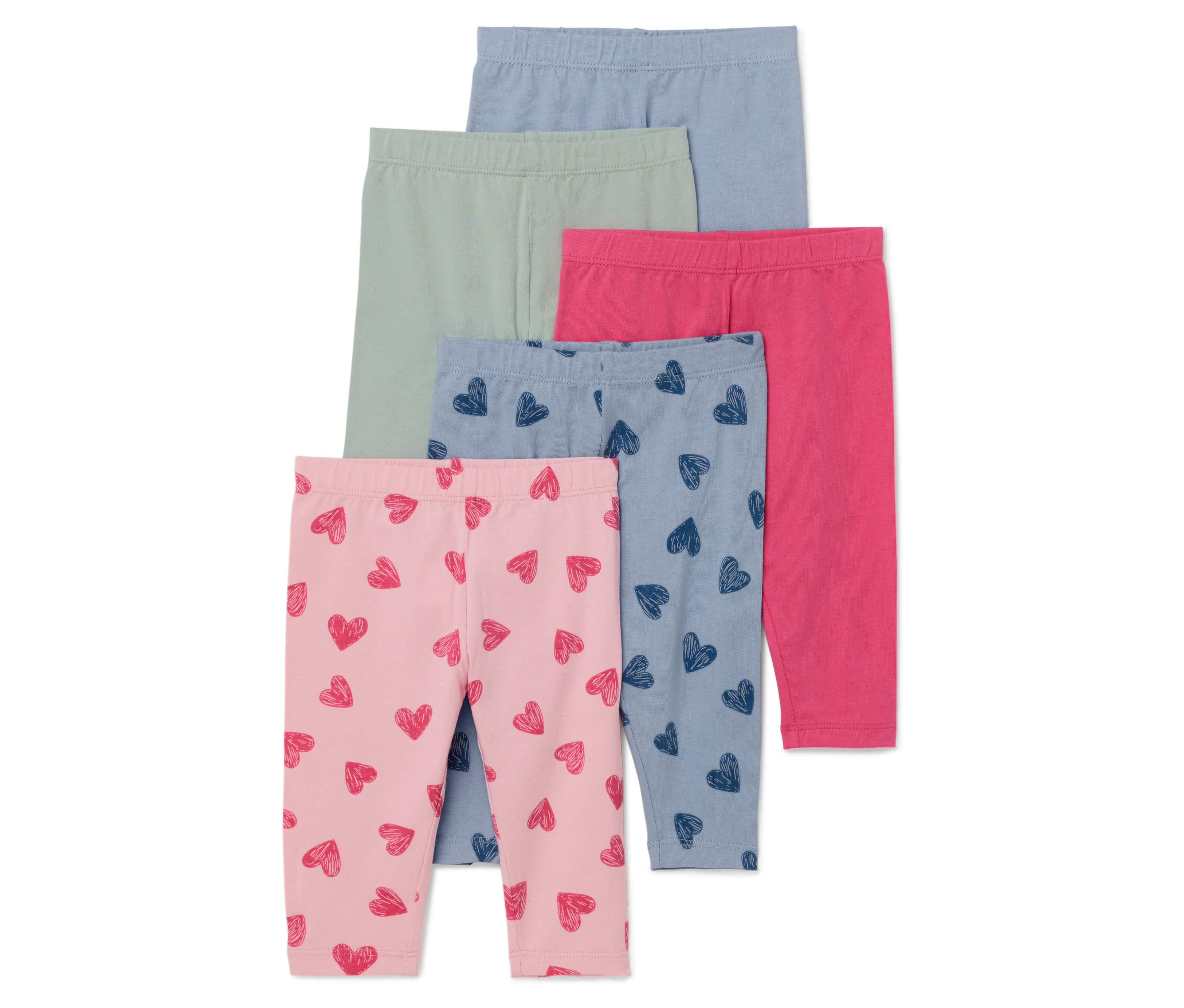 Cinq paires de leggings pour enfants en bleu clair, vert, rose, bleu avec des cœurs et rose avec des cœurs.