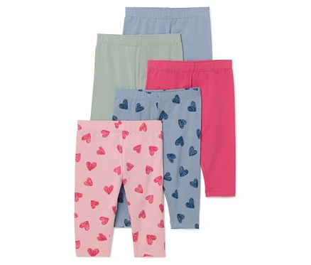 Cinq paires de leggings pour enfants en bleu clair, vert, rose, bleu avec des cœurs et rose avec des cœurs.