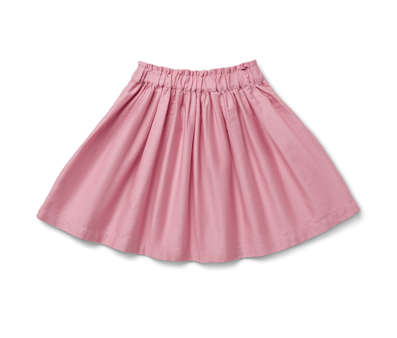 Une jupe tissée rose pour enfant avec une taille élastique sur un fond blanc.