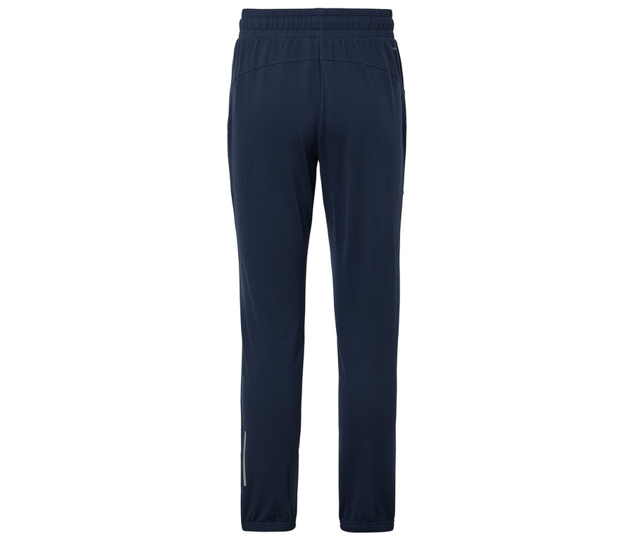Pantalon de survêtement bleu marine avec cordon de serrage à la taille et bande réfléchissante sur la jambe gauche.