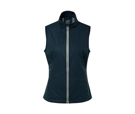 Veste en softshell bleu foncé avec fermeture éclair blanche au centre.