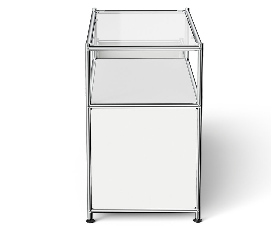 Cadre chromé avec plateau en verre transparent et panneau blanc.