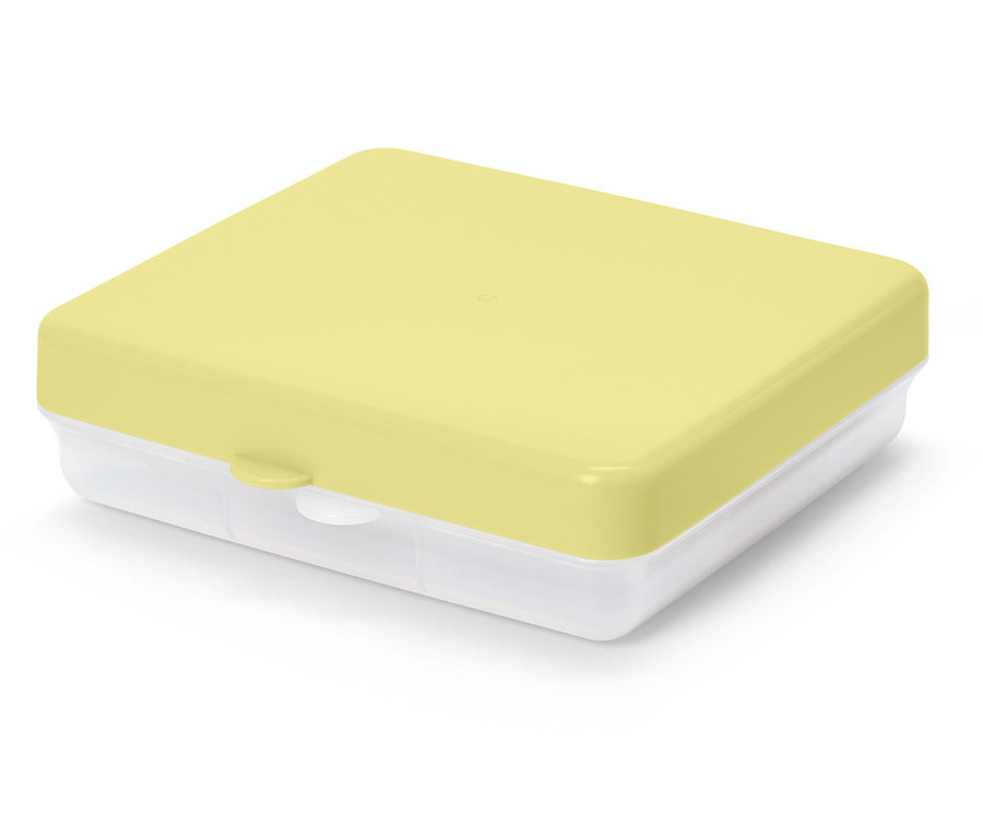 Boîte à lunch jaune avec fond transparent sur fond blanc.