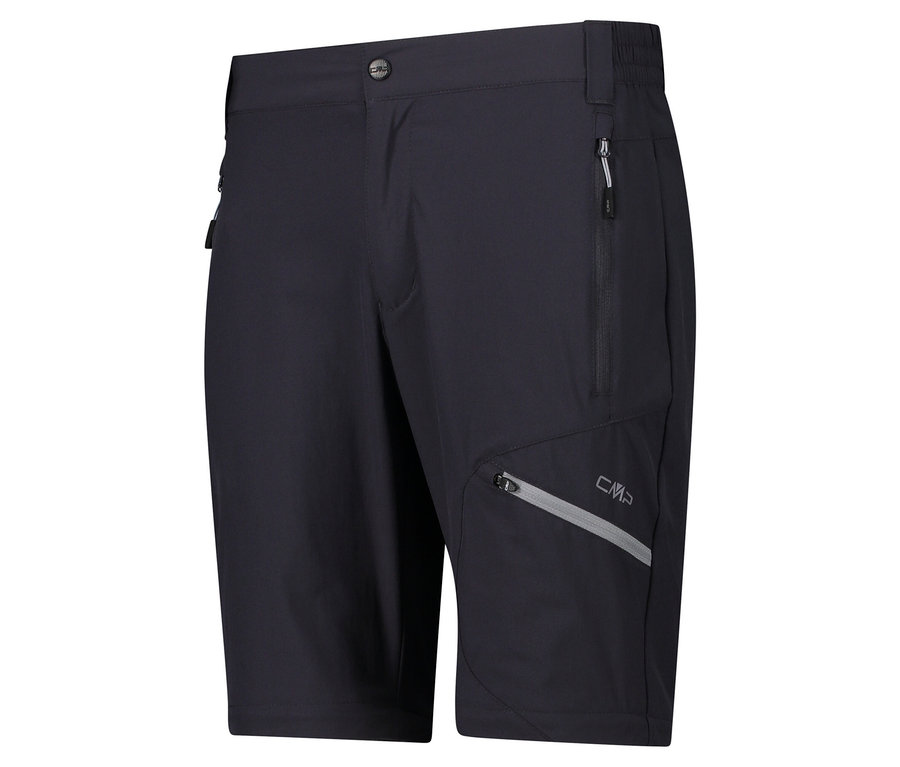 Gros plan d'un short CMP noir pour homme avec des poches zippées.