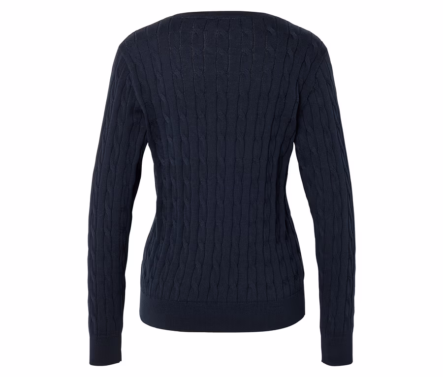 Vue arrière d'un pull en tricot bleu marine avec un col rond et un motif torsadé.