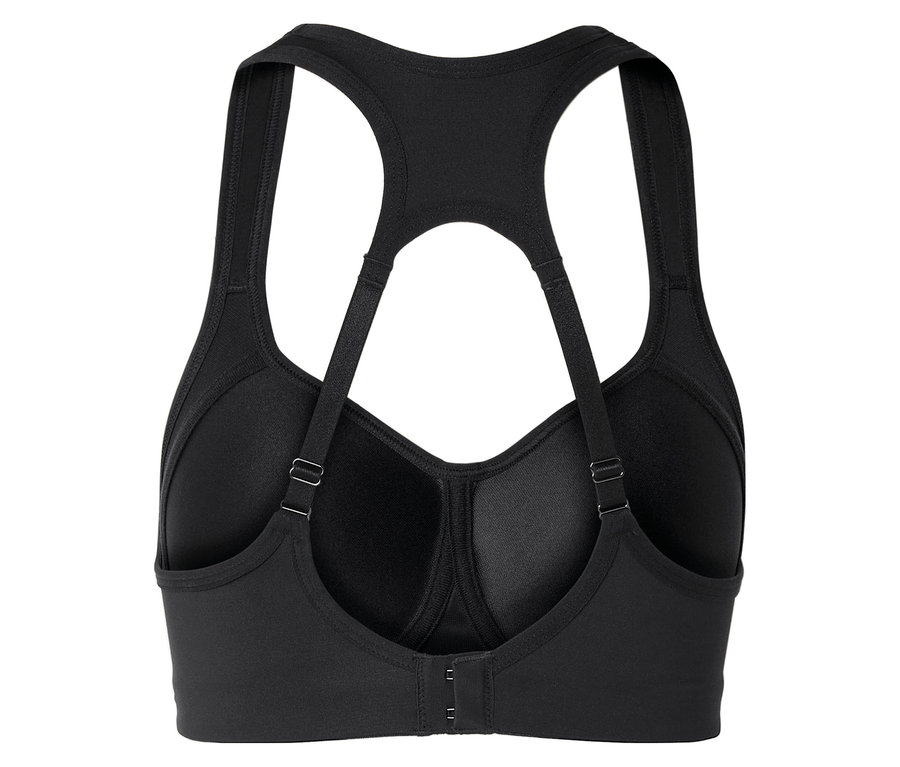 Vue arrière d'un soutien-gorge de sport noir avec des bretelles réglables et une fermeture à agrafes.