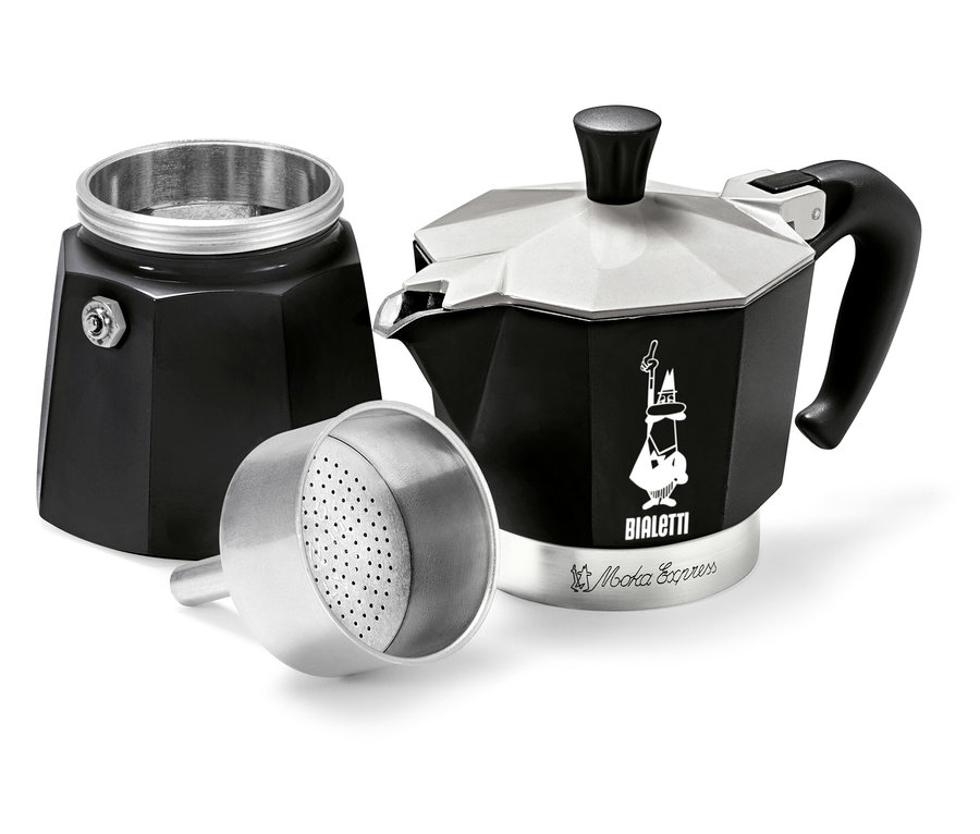 Une cafetière Bialetti Moka Express noire et argentée, démontée en trois parties.