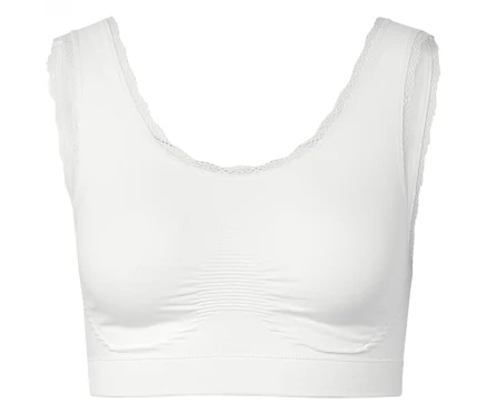 Bustier blanc avec détails en dentelle à l'encolure et aux emmanchures.