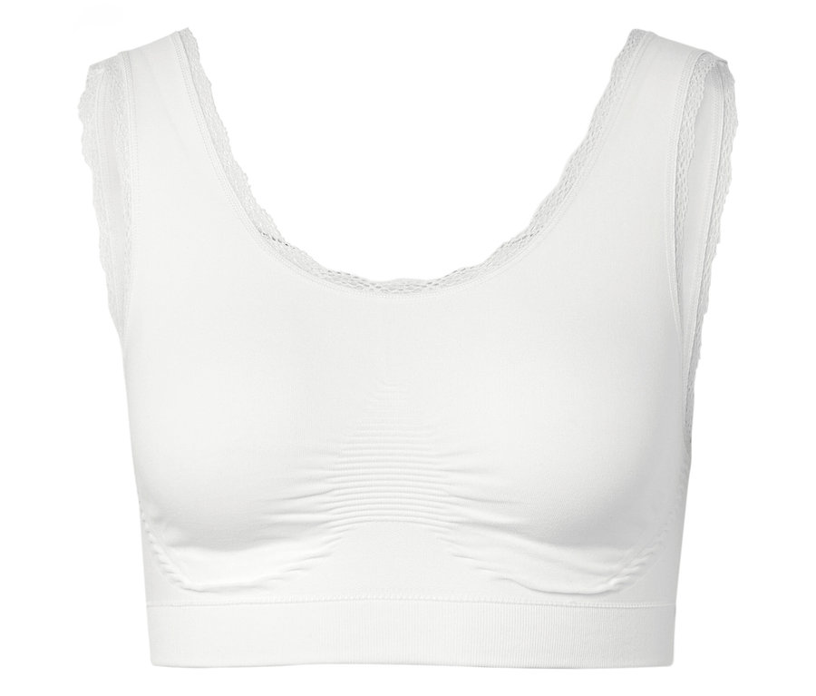 Bustier blanc avec détails en dentelle à l'encolure et aux emmanchures.