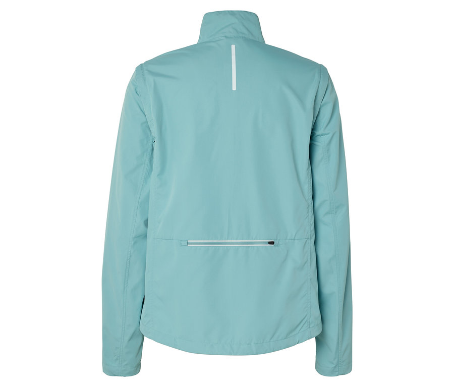 Vue arrière d'une veste turquoise clair avec fermeture éclair intégrale et bande réfléchissante.