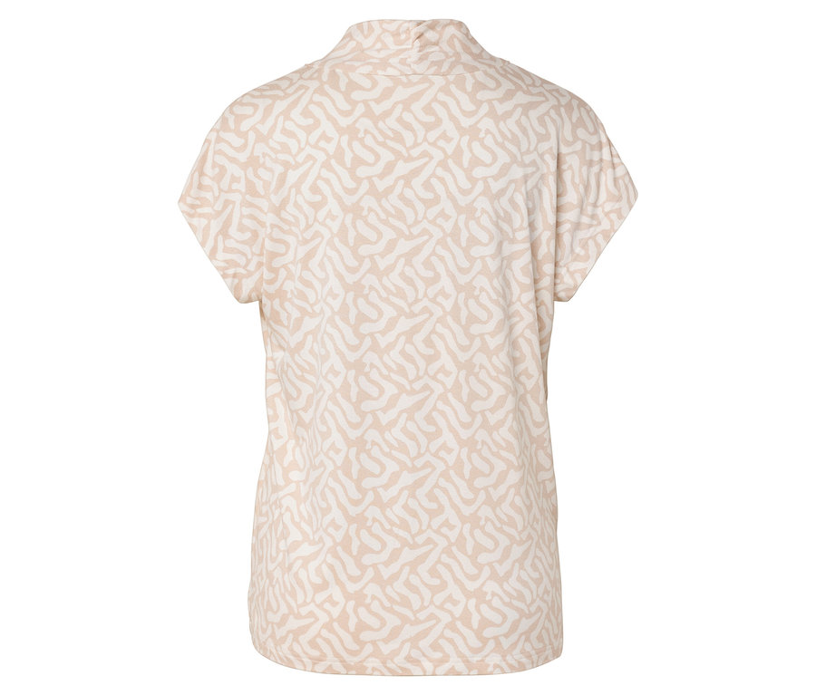 Vue arrière d'un chemisier à manches courtes beige clair avec un motif abstrait.