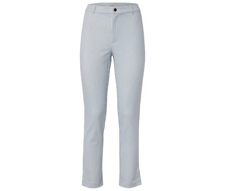 Un pantalon rayé bleu clair et blanc aligné verticalement.