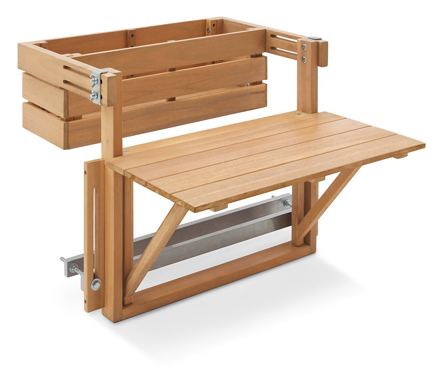 Une table en bois avec un bac de rangement fixé à un mur.