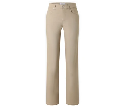 Un jean beige Angels Denim « Lara », Straight Fit, posé sur le dos.
