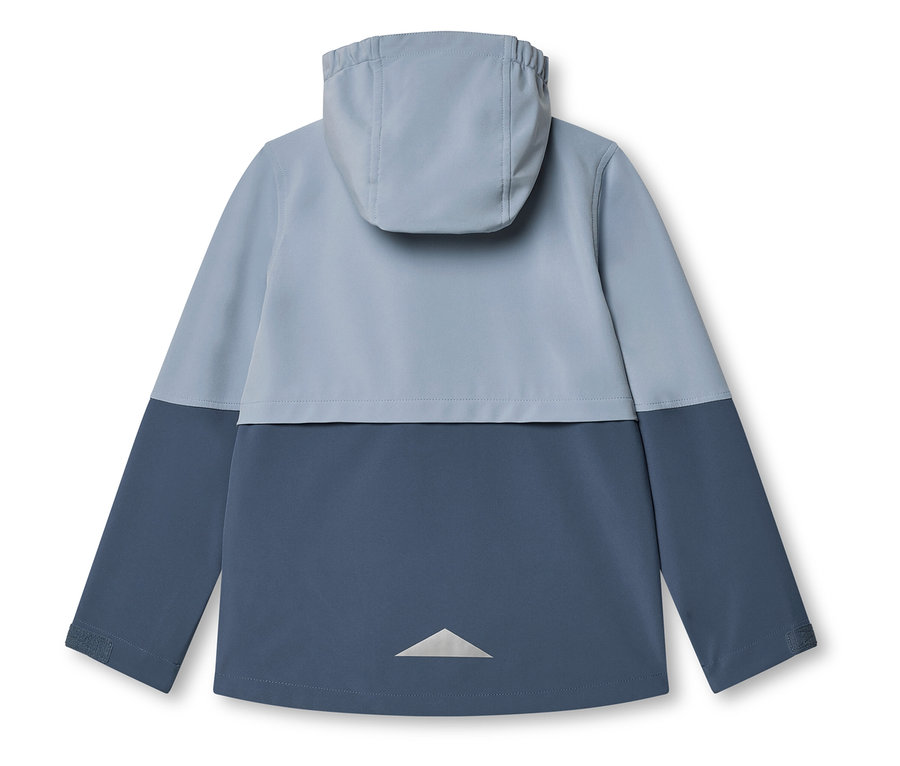 Vue arrière d'un imperméable bleu bicolore avec capuche et détail réfléchissant.