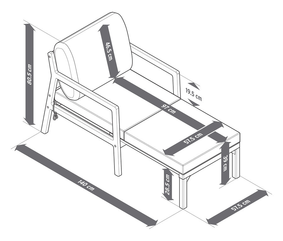Les dimensions détaillées du fauteuil de jardin extensible sont présentées.