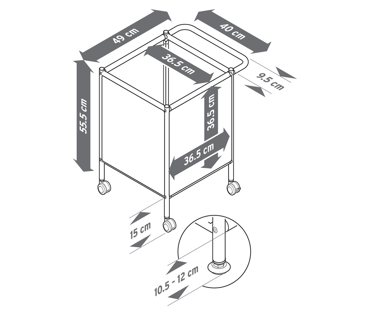 Illustration d'un chariot d'appoint en métal « CN3 Kids » avec roulettes et dimensions.