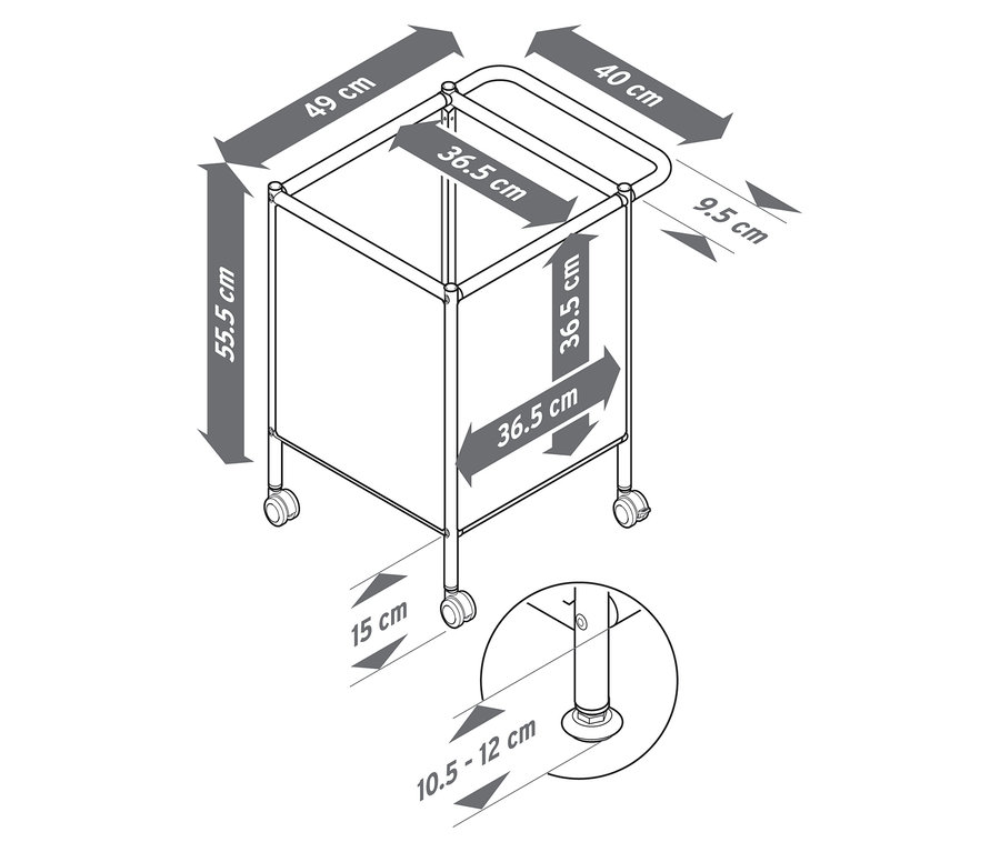 Illustration d'un chariot d'appoint en métal « CN3 Kids » avec roulettes et dimensions.