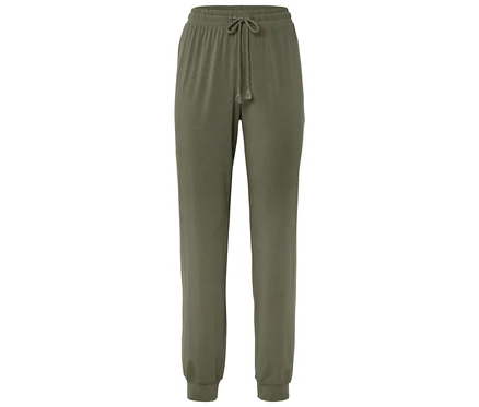 Pantalon de pyjama vert avec cordon de serrage à la taille et chevilles élastiques.
