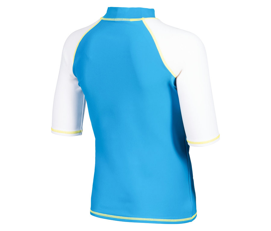 Vue arrière d'un t-shirt de bain bleu et blanc avec des accents jaunes.