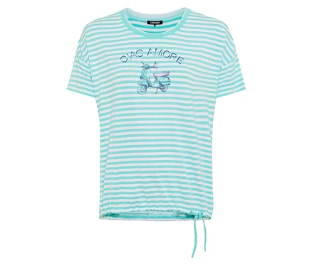 Un t-shirt rayé bleu clair avec un imprimé Vespa et l'inscription 'Ciao Amore'.