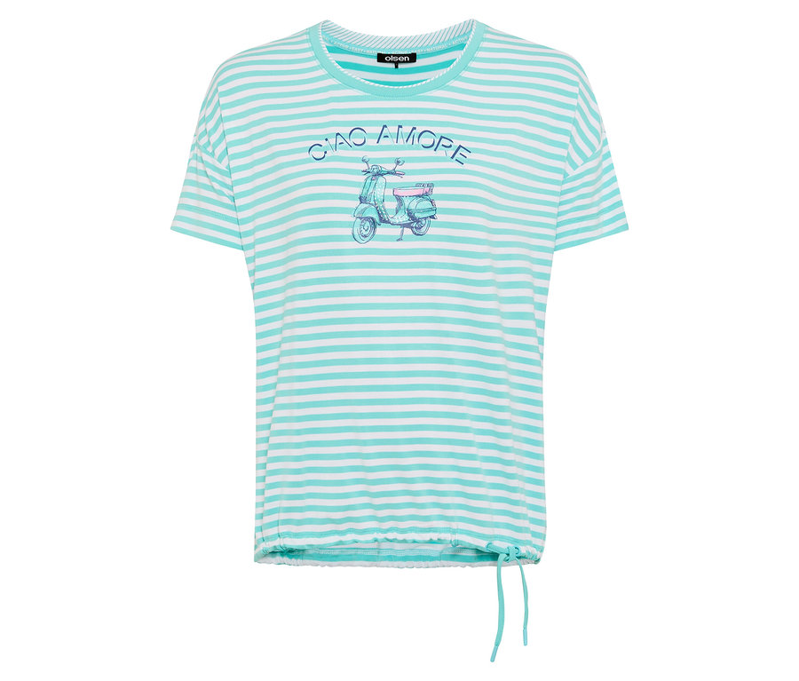Un t-shirt rayé bleu clair avec un imprimé Vespa et l'inscription 'Ciao Amore'.