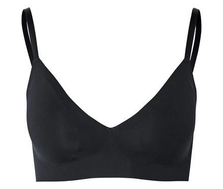 Soutien-gorge noir avec de fines bretelles et un décolleté en V sur un fond neutre.