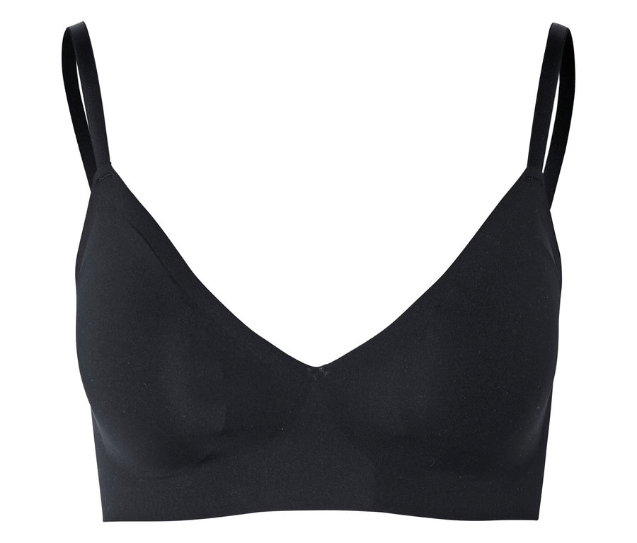 Soutien-gorge noir avec de fines bretelles et un décolleté en V sur un fond neutre.