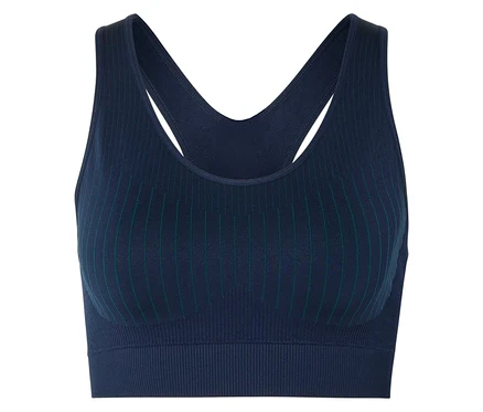 Soutien-gorge de sport bleu avec dos nageur et rayures vertes.