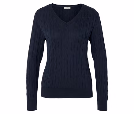 Pull en tricot bleu marine à col en V et manches longues avec motif torsadé.