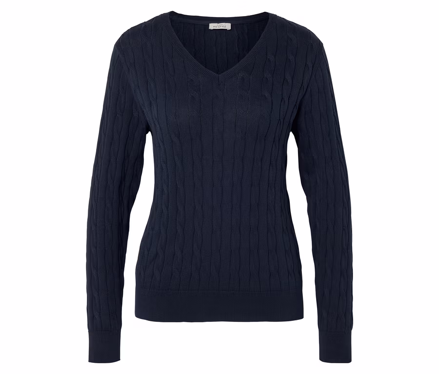 Pull en tricot bleu marine à col en V et manches longues avec motif torsadé.