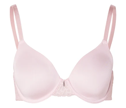 Soutien-gorge rose à armatures avec bretelles réglables posé sur un fond blanc.