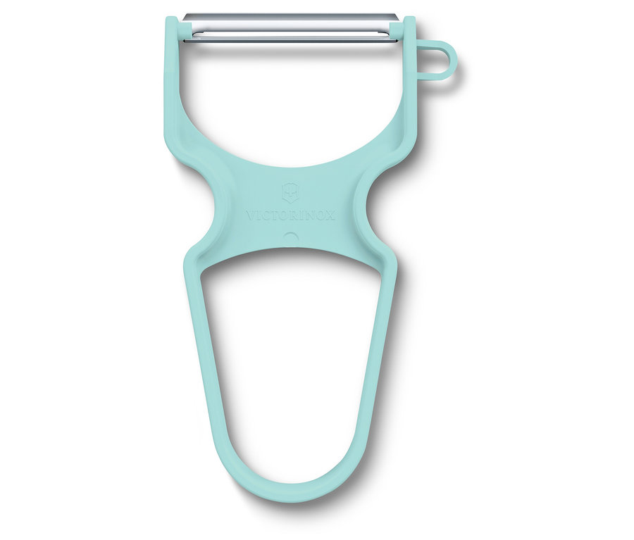 Un éplucheur Victorinox turquoise est posé sur un fond blanc.
