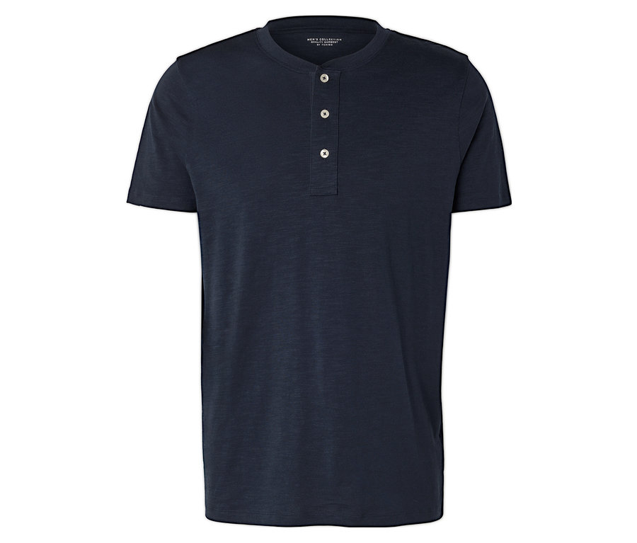 T-shirt bleu marine avec patte de boutonnage.