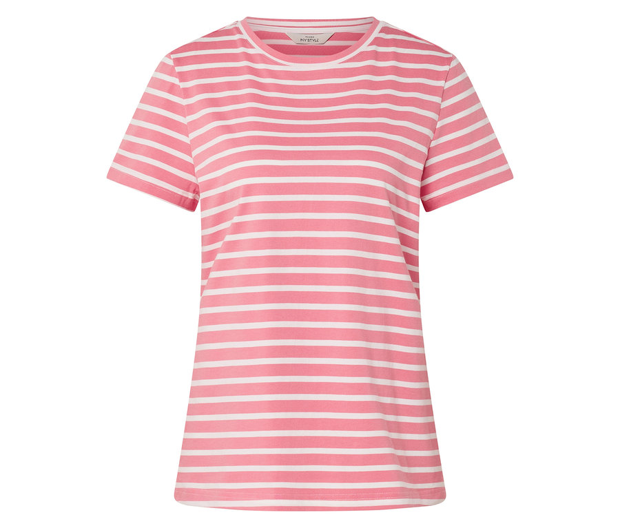 T-shirt rayé rose et blanc.