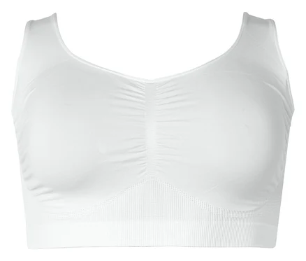 Bustier blanc sans bretelles avec encolure en V et centre froncé sur fond blanc.