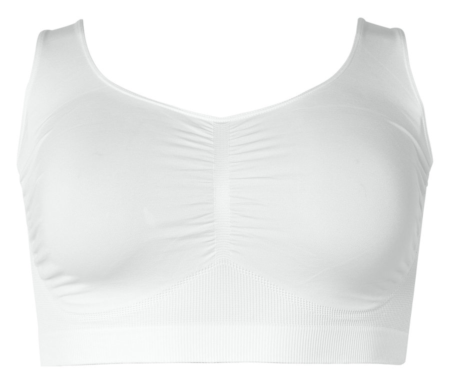 Bustier blanc sans bretelles avec encolure en V et centre froncé sur fond blanc.