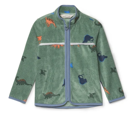 Veste en polaire verte zippée avec motif dinosaure, bordée d'un tissu bleu clair.