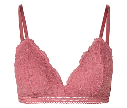 Soutien-gorge triangle rose en dentelle avec de fines bretelles sur fond blanc.