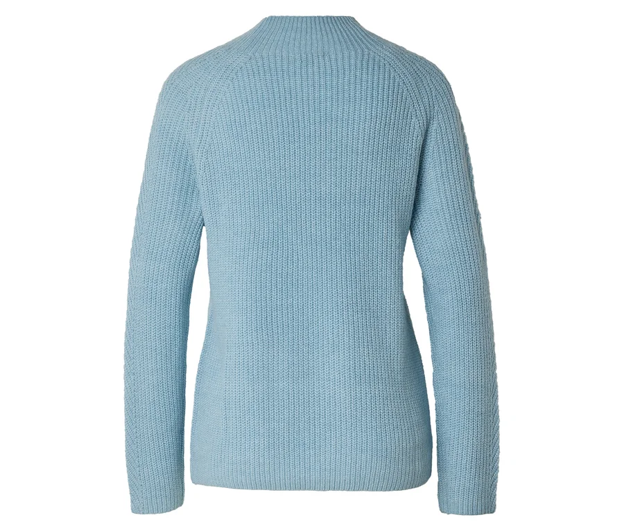 Pull en tricot bleu clair à manches longues et col montant, vu de dos.